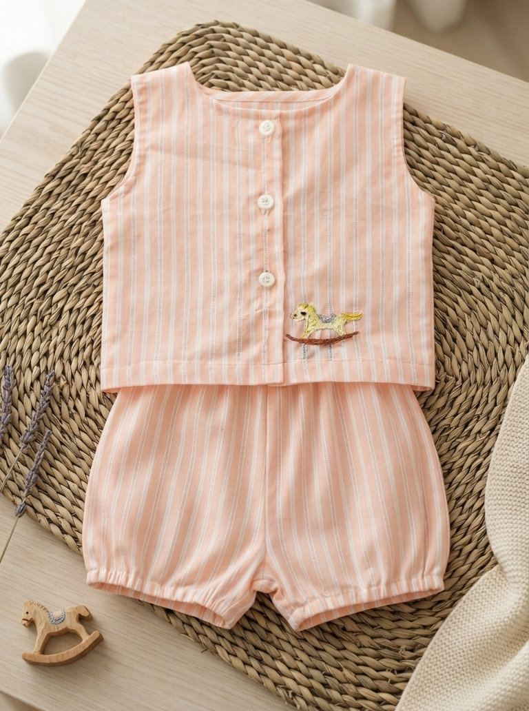 Baby coord set rocking horse in peach stripes