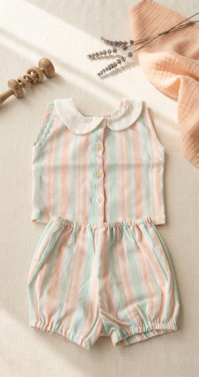 Coord set in ocean stripes with Peterpan collar