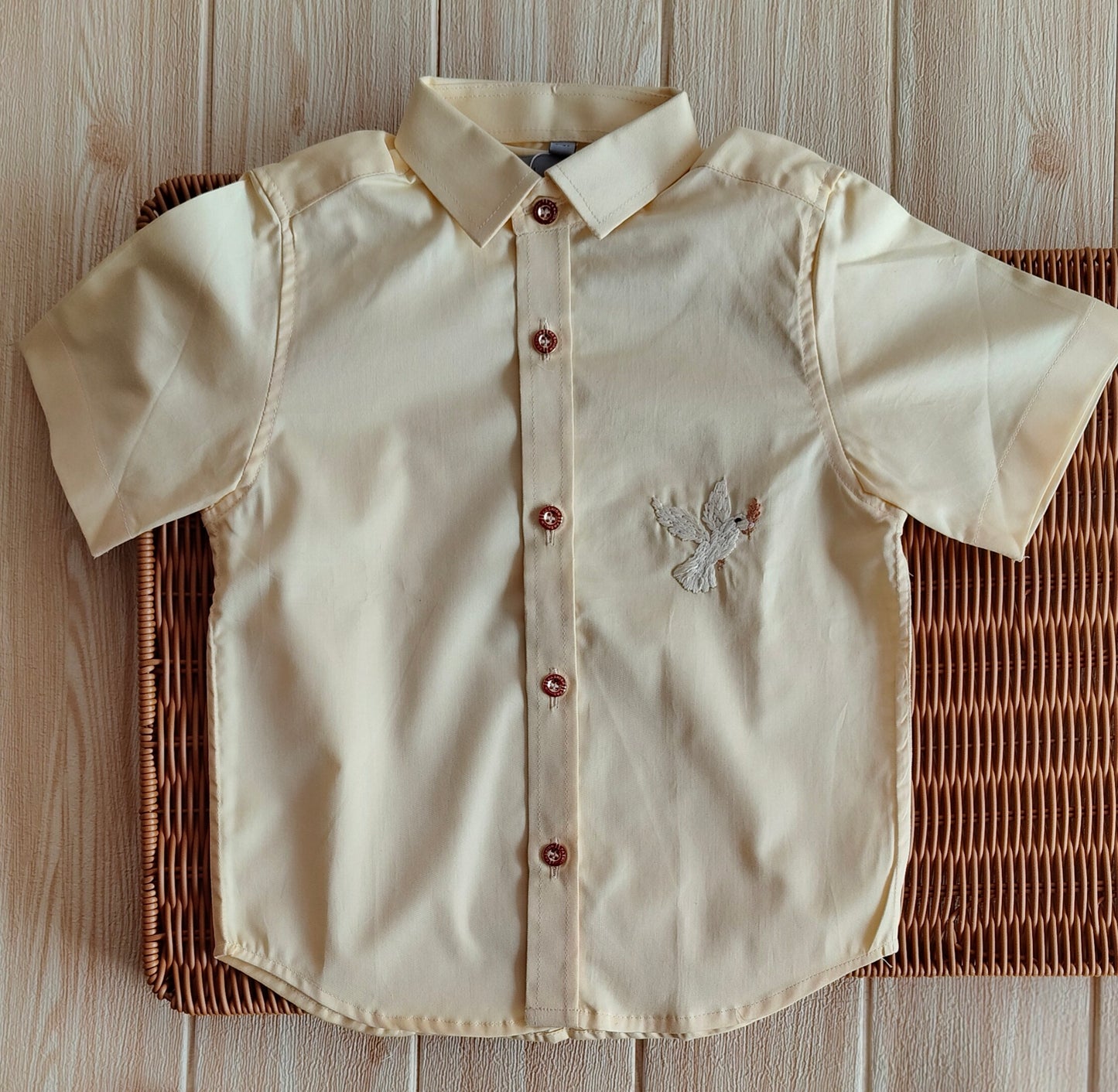Yellow Short Sleeve Shirt with Dove Embroidery for Boys