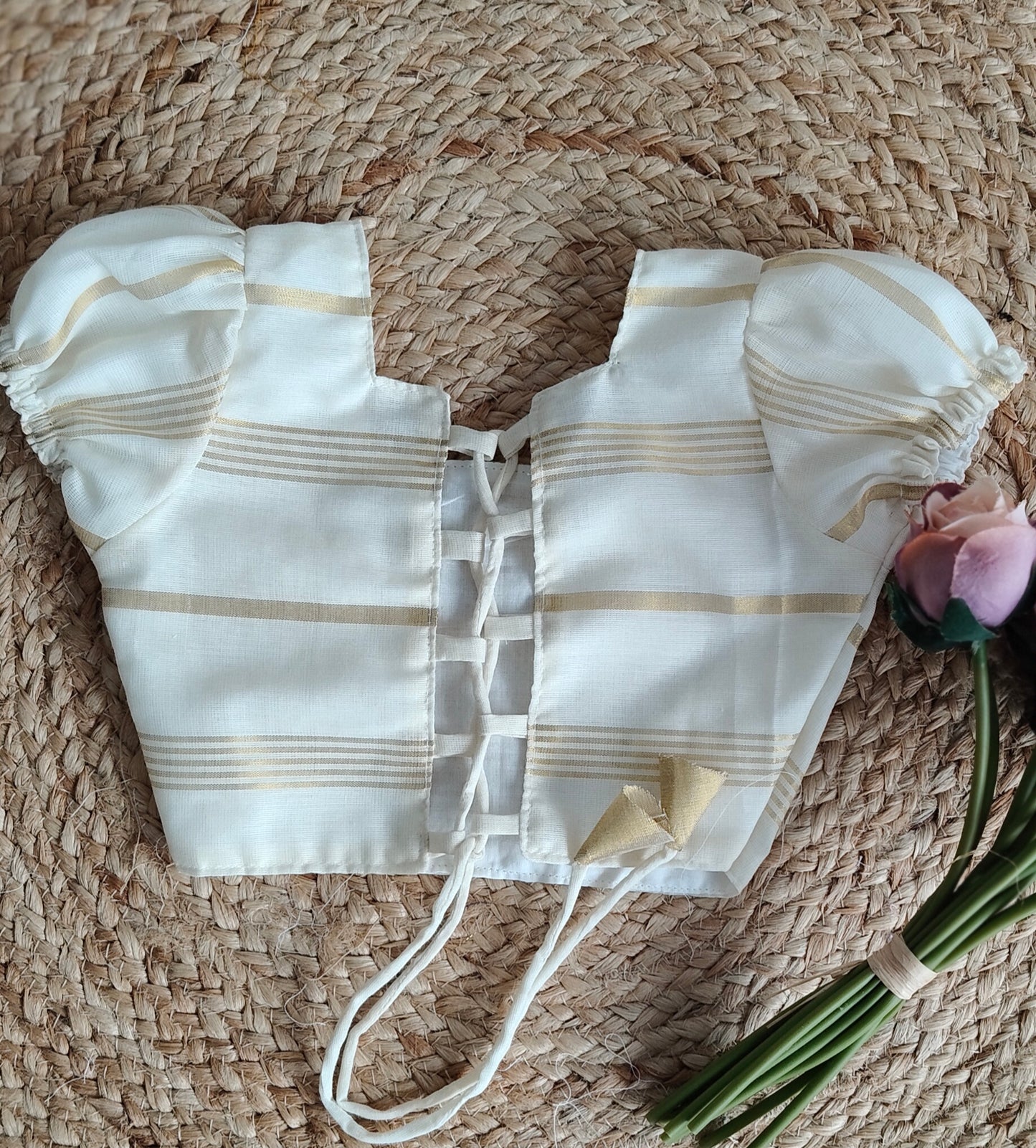 Kasavu full stripes criss-cross puff sleeve blouse