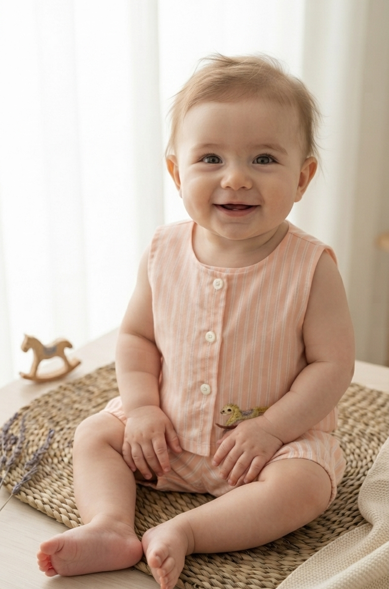Baby coord set rocking horse in peach stripes