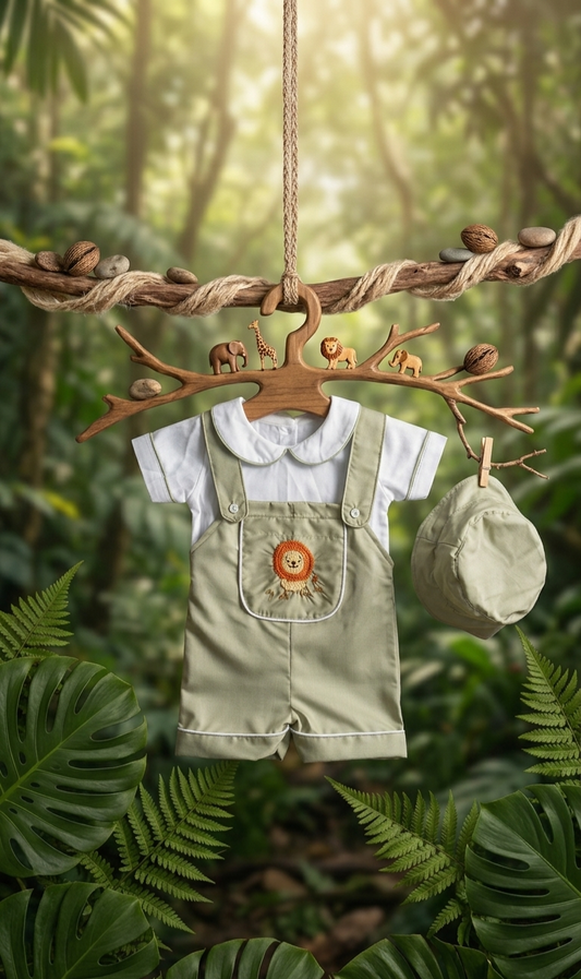 Simba lion embroidery olive green colour dungrees and prter pan collar top