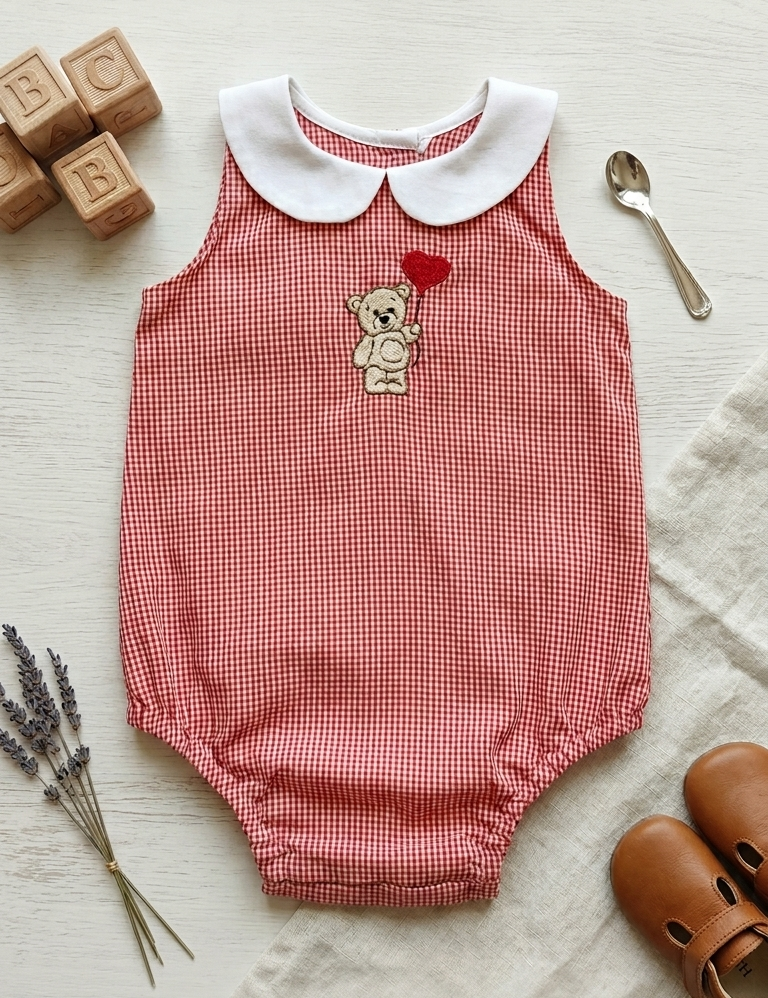Peterpan collar red check Teddy Romper