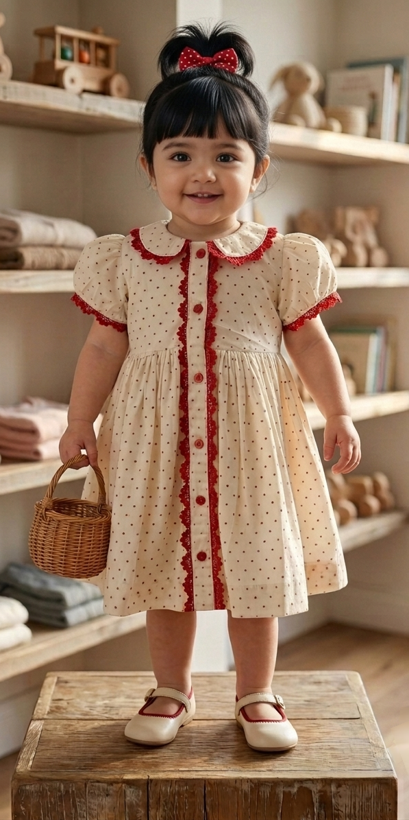 Mili in red polka dot with peter pan collar